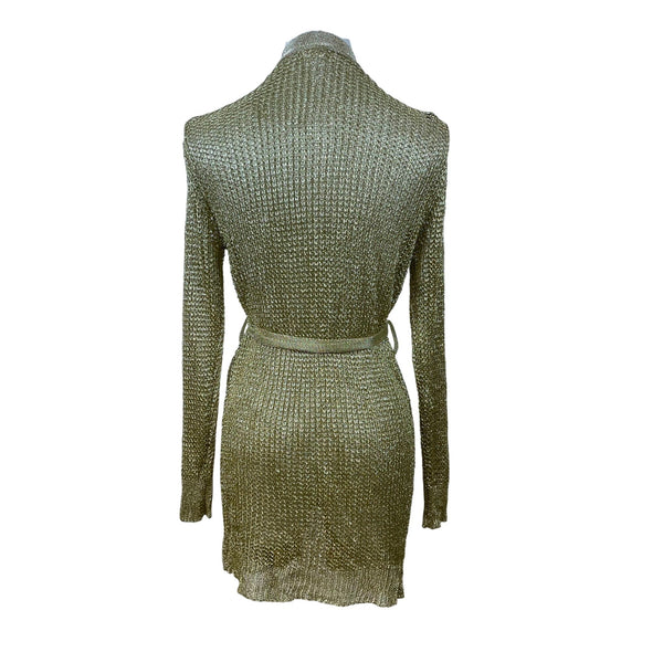 Love Sense Womens Gold Metallic Open-Knit Cardigan Belted Long Sleeves Size S