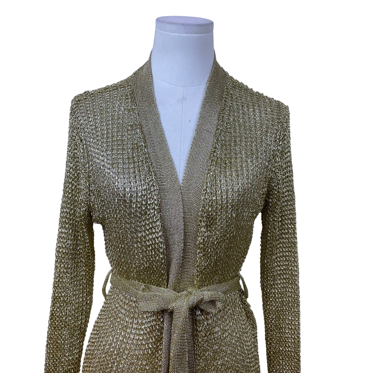 Love Sense Womens Gold Metallic Open-Knit Cardigan Belted Long Sleeves Size S