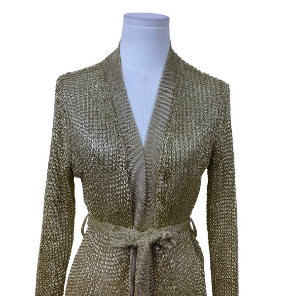 Love Sense Womens Gold Metallic Open-Knit Cardigan Belted Long Sleeves Size S
