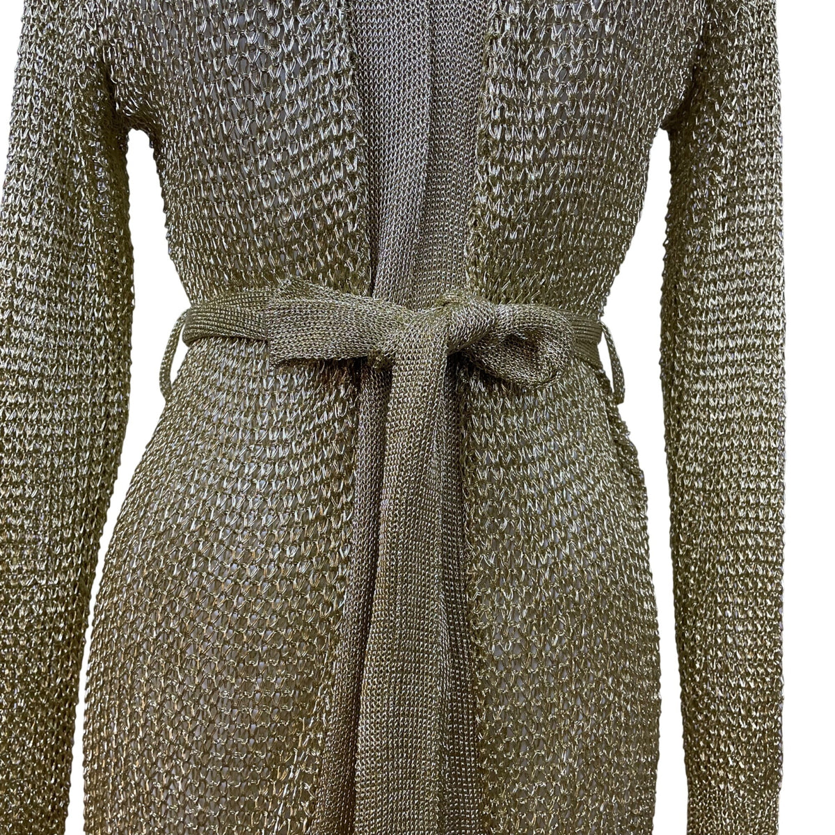 Love Sense Womens Gold Metallic Open-Knit Cardigan Belted Long Sleeves Size S