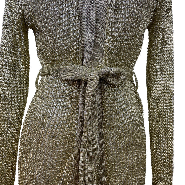 Love Sense Womens Gold Metallic Open-Knit Cardigan Belted Long Sleeves Size S