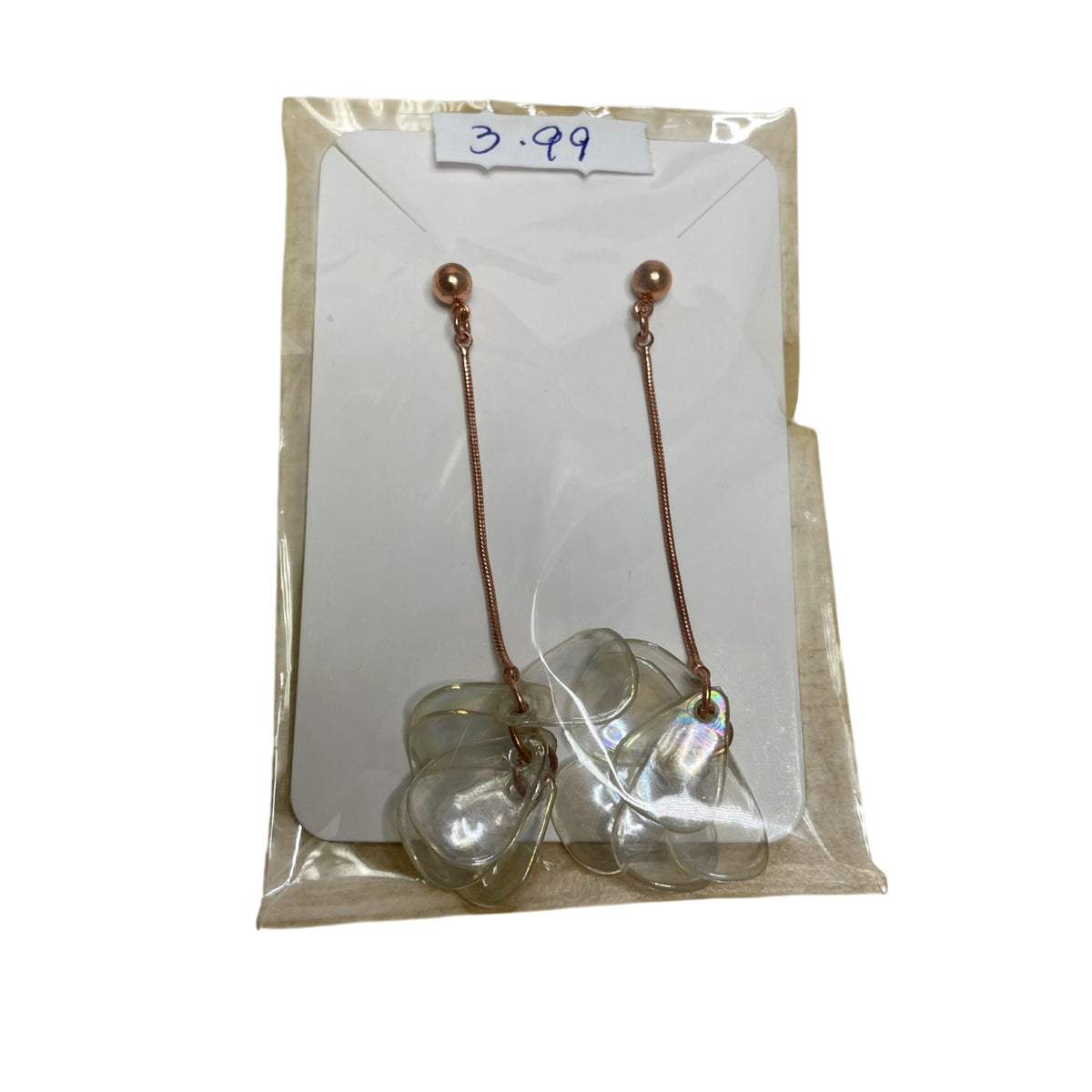 Rose Gold Dangle Earrings With Clear Shell Petal Design Lightweight & Elegant Modern