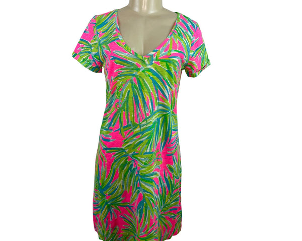 Lilly Pulitzer Short Sleeve Dress Pink V-Neck Tropical Print Women’s Sz S - New