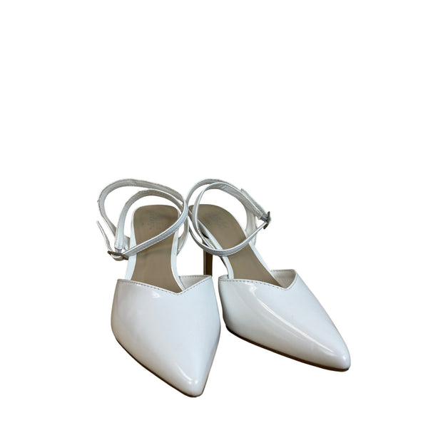 Not Just A Pump Womens White Patent Leather Heels Ankle Strap Pointed Toe Size 7