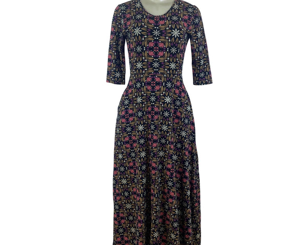 Mata Traders Womens Floral Organic Cotton Midi Dress Black Multicolor Size XS