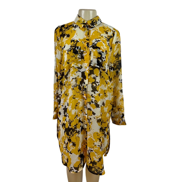 Jessica London Women's Yellow Floral Button-Up Long Sleeve tunic Sz 14W