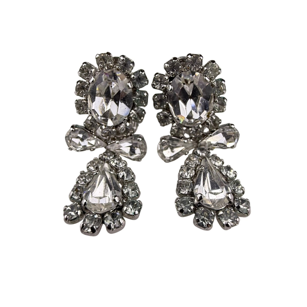 Chr. Dior Germany Vintage Silver Tone Rhinestone Clip-On Earrings Elegant Design