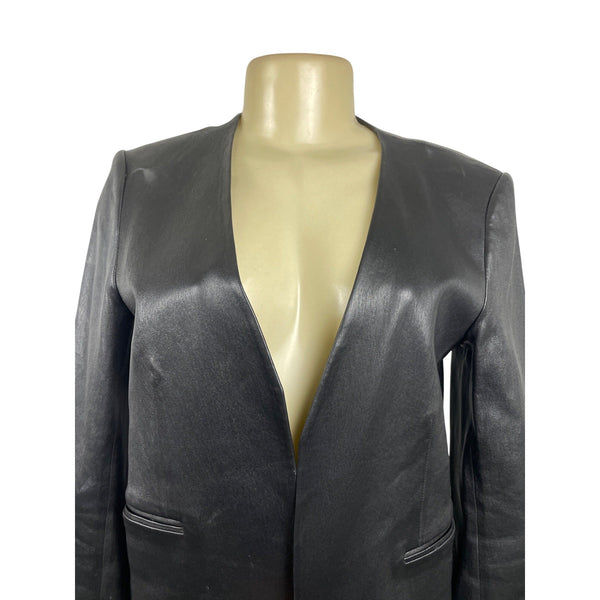 Theory Womens Black Leather Open Jacket With Pockets Sz 8