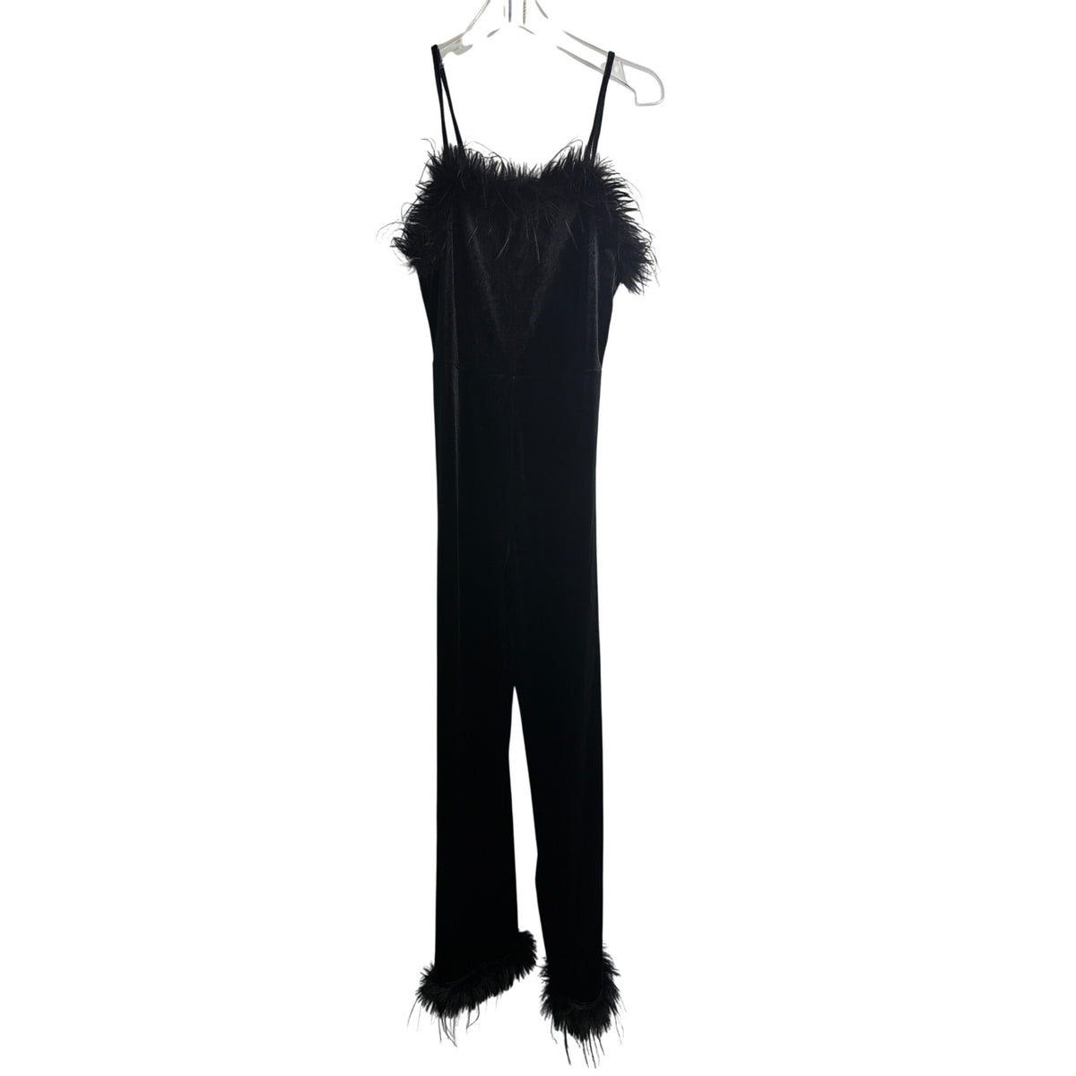 Velvet Black Womens Feather-Trim Jumpsuit With Spaghetti Straps Elegant Full Length Velvet Black Womens Feather-Trim Jumpsuit With Spaghetti Straps Elegant Full Length