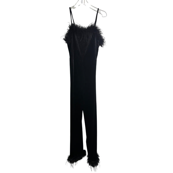 Velvet Black Womens Feather-Trim Jumpsuit With Spaghetti Straps Elegant Full Length Velvet Black Womens Feather-Trim Jumpsuit With Spaghetti Straps Elegant Full Length