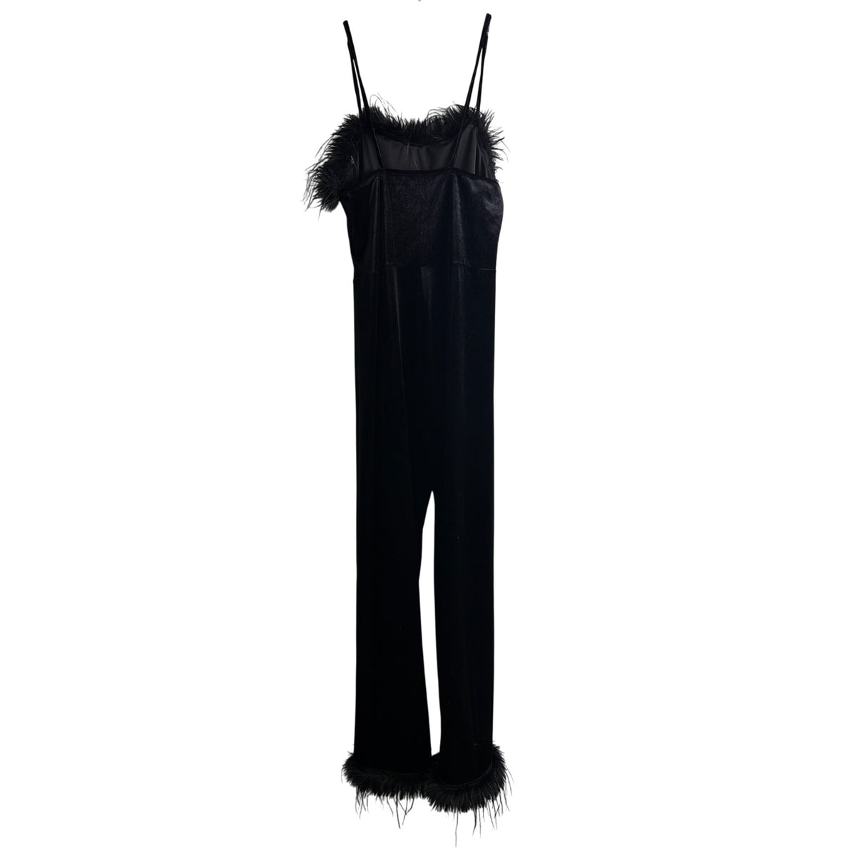 Velvet Black Womens Feather-Trim Jumpsuit With Spaghetti Straps Elegant Full Length Velvet Black Womens Feather-Trim Jumpsuit With Spaghetti Straps Elegant Full Length