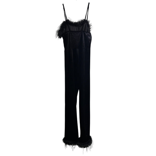 Velvet Black Womens Feather-Trim Jumpsuit With Spaghetti Straps Elegant Full Length Velvet Black Womens Feather-Trim Jumpsuit With Spaghetti Straps Elegant Full Length