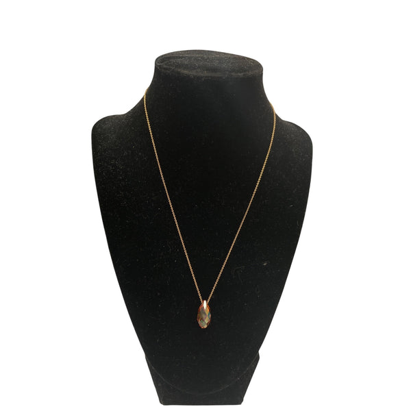 Gold Tone Womens Chain Necklace With Teardrop Faceted Iridescent Crystal Pendant