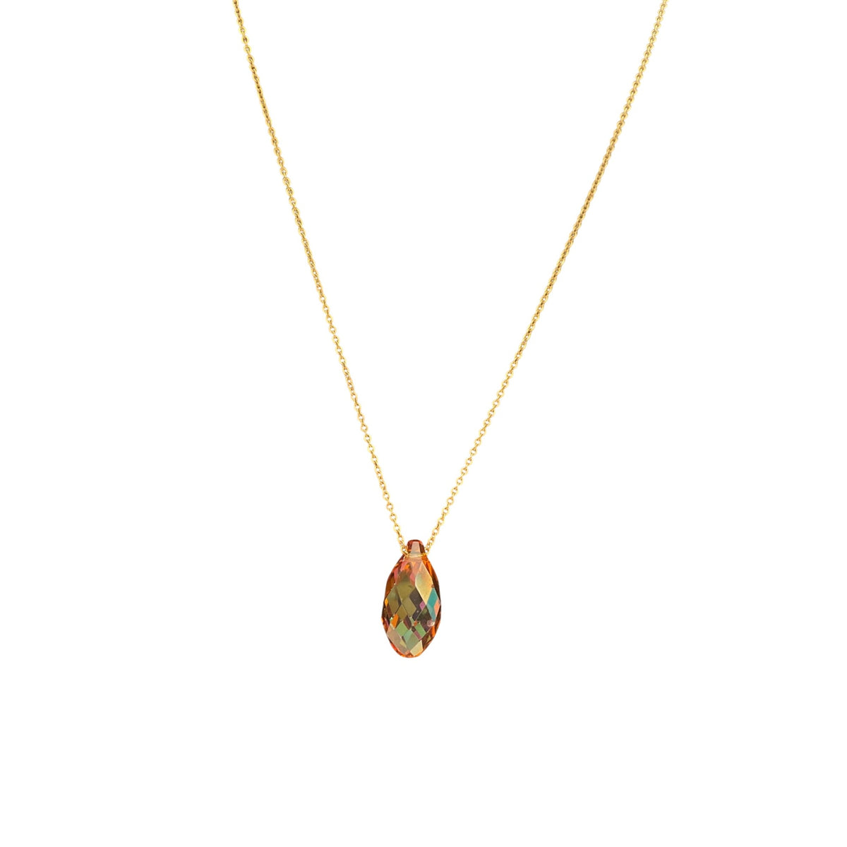 Gold Tone Womens Chain Necklace With Teardrop Faceted Iridescent Crystal Pendant