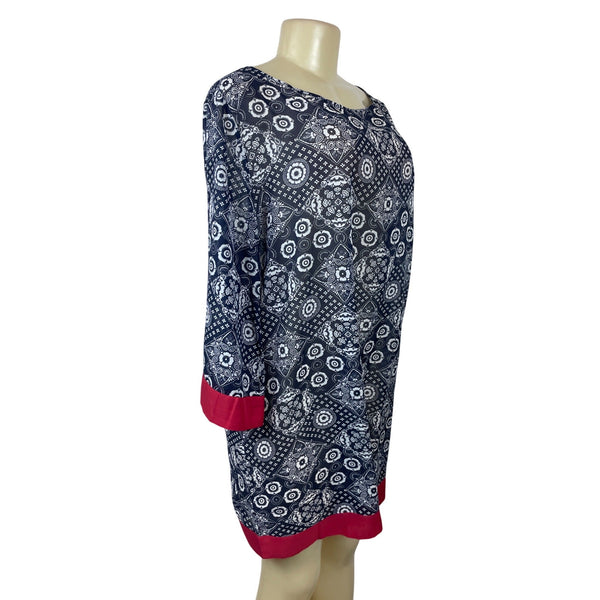 Talbots Women's Floral Pattern Long Sleeve Sheath Dress Navy & White Sz L