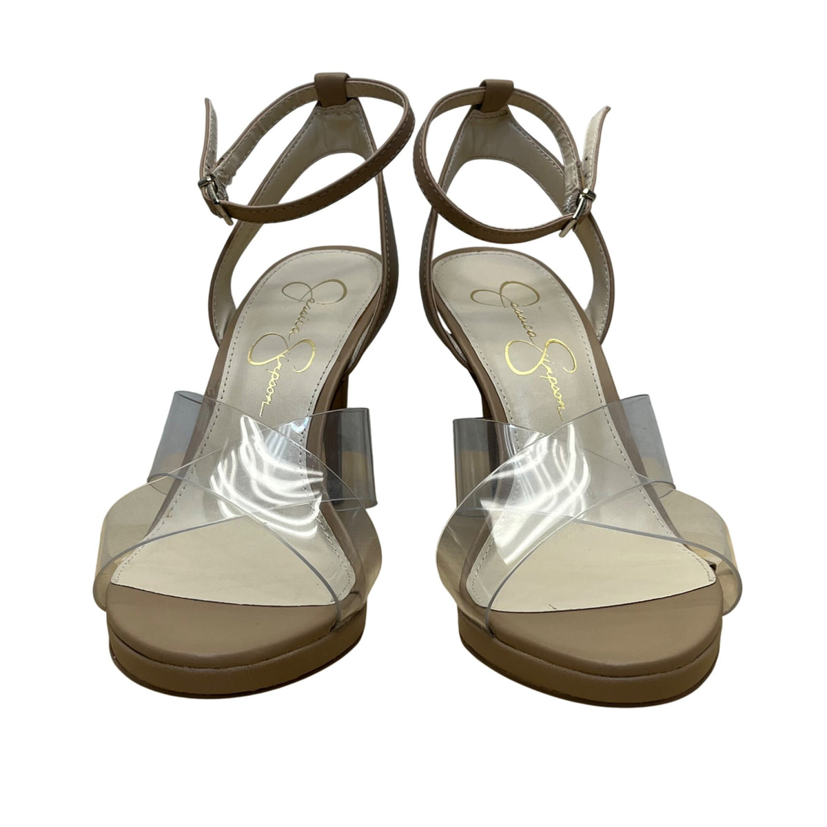 Jessica Simpson Womens Clear/Tan Adjustable Strap Stiletto JP-Davia Heels 7M