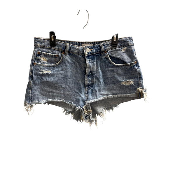 Zara Womens Distressed Denim Frayed Hem Shorts Size 12 Light Blue