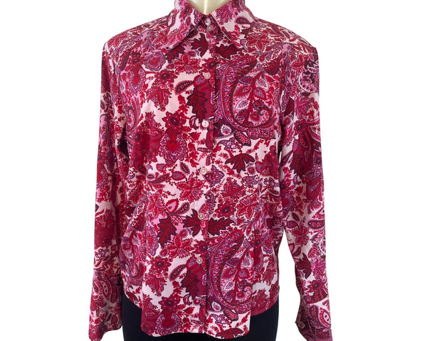 Ninety Womens Paisley Button-Up Shirt Pink & Red Long Sleeve Blouse Sz M