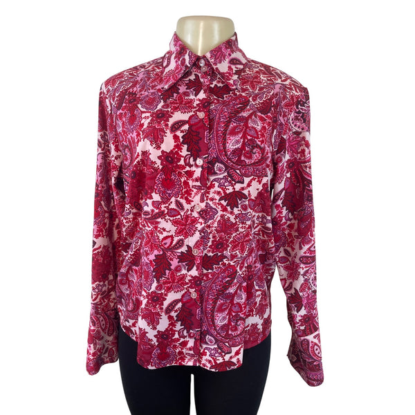 Ninety Womens Paisley Button-Up Shirt Pink & Red Long Sleeve Blouse Sz M