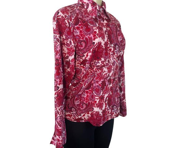 Ninety Womens Paisley Button-Up Shirt Pink & Red Long Sleeve Blouse Sz M