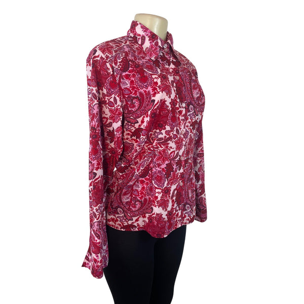 Ninety Womens Paisley Button-Up Shirt Pink & Red Long Sleeve Blouse Sz M