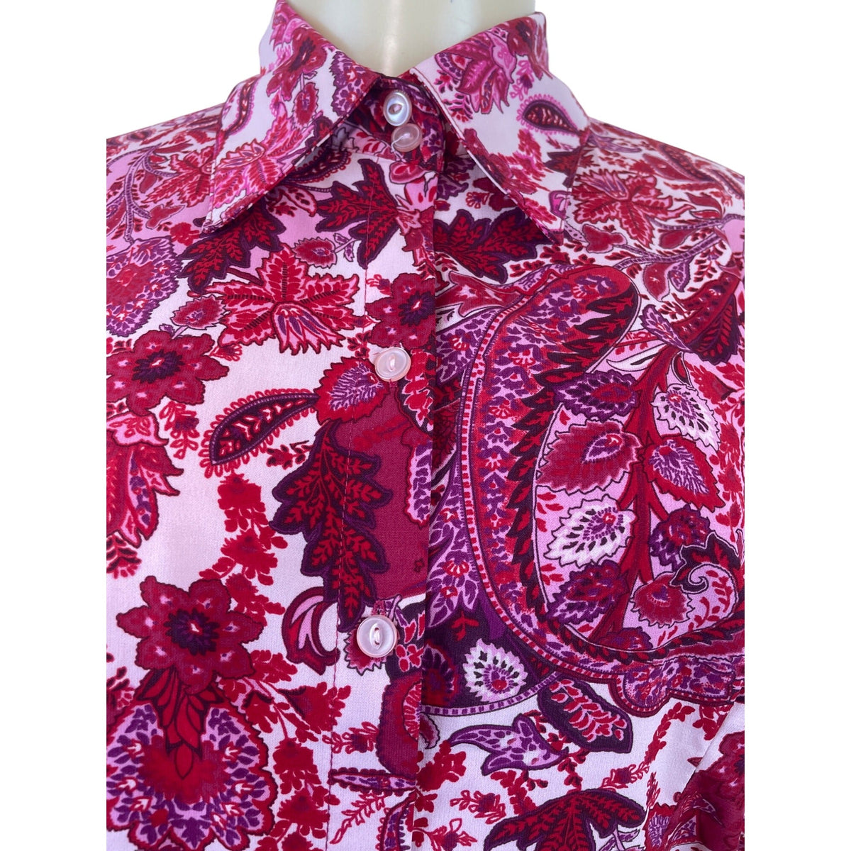 Ninety Womens Paisley Button-Up Shirt Pink & Red Long Sleeve Blouse Sz M