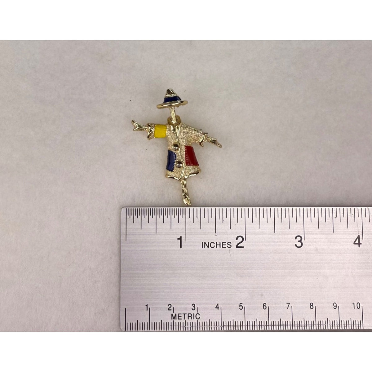 Sarah Coventry Gold Tone Enamel Scarecrow Brooch Pin Red Blue Yellow