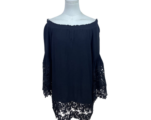 Colleen Lopez Black Women Off Shoulder Lace Trim Blouse Flowy Bell Sleeves Size M