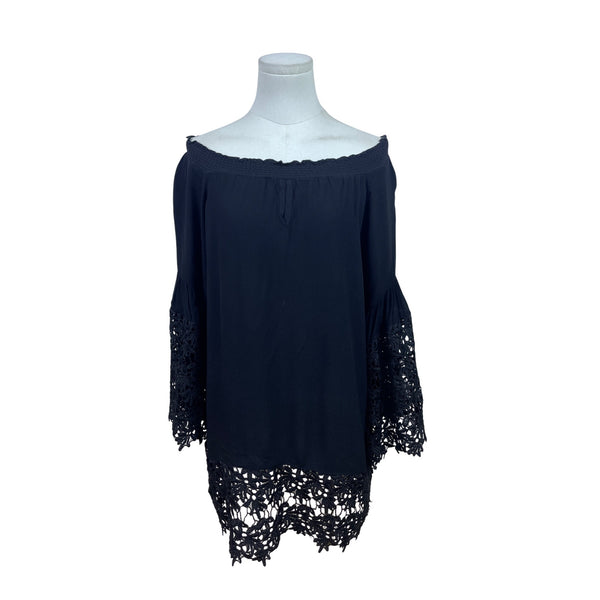 Colleen Lopez Black Women Off Shoulder Lace Trim Blouse Flowy Bell Sleeves Sz M