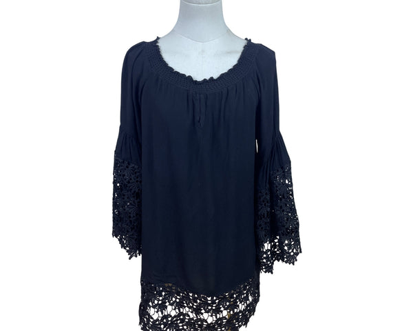 Colleen Lopez Black Women Off Shoulder Lace Trim Blouse Flowy Bell Sleeves Size M