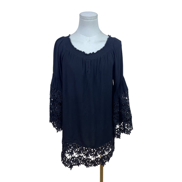 Colleen Lopez Black Women Off Shoulder Lace Trim Blouse Flowy Bell Sleeves Sz M