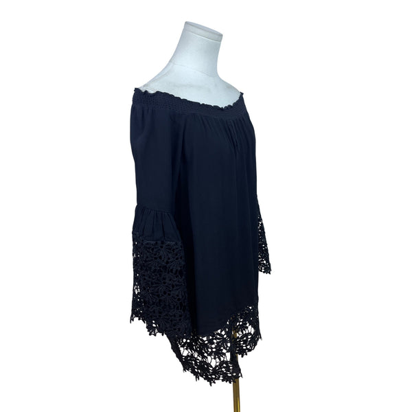 Colleen Lopez Black Women Off Shoulder Lace Trim Blouse Flowy Bell Sleeves Sz M