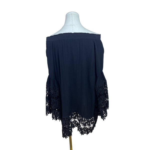 Colleen Lopez Black Women Off Shoulder Lace Trim Blouse Flowy Bell Sleeves Sz M