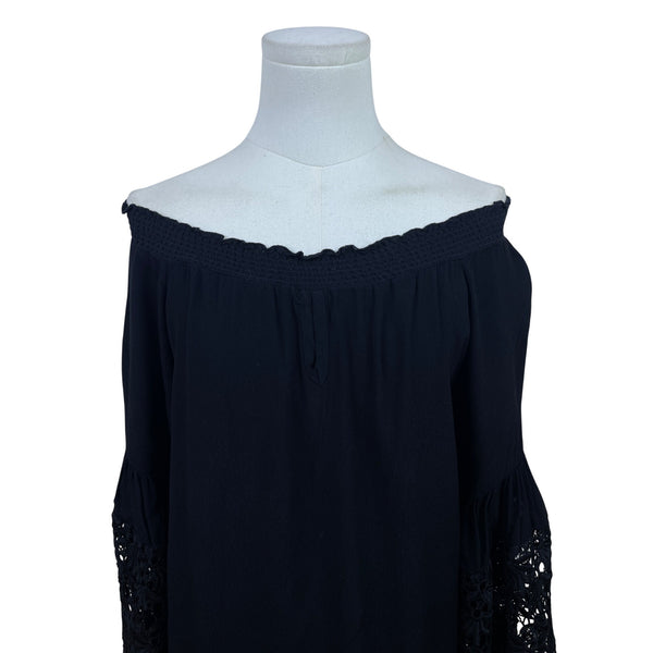 Colleen Lopez Black Women Off Shoulder Lace Trim Blouse Flowy Bell Sleeves Sz M