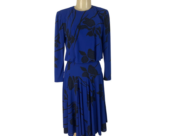 Vintage Ricki Lang Womens Blue & Black Floral Print Midi Dress Vintage Size 8
