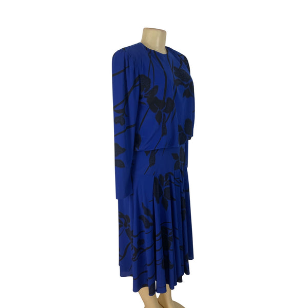Vintage Ricki Lang Womens Blue & Black Floral Print Midi Dress Vintage Size 8