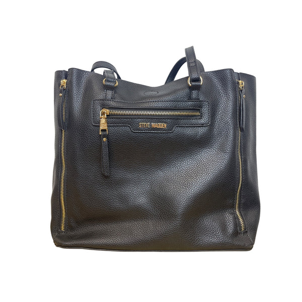 Steve Madden Women’s Black Pebbled Faux Leather Shoulder Bag With Gold Hardware Spacious Tote