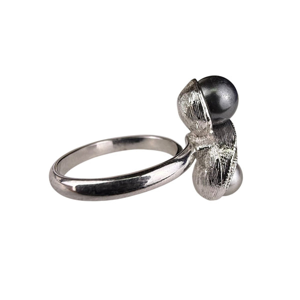 Sarah Coventry Silver Tone Double Pearl Statement Ring Elegant Design Size 5