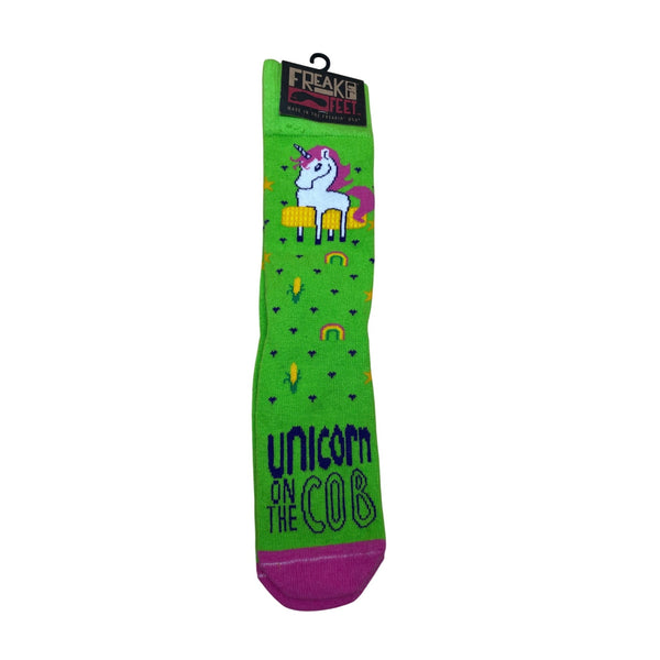 Freaker USA Unisex Green Cotton Unicorn On The Cob Crew Socks One Size Comfy Fun Design