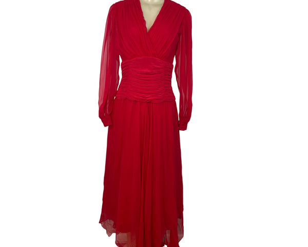 Vintage Red Long-Sleeve Chiffon Dress With Pleated Wrap Bodice Sz 10