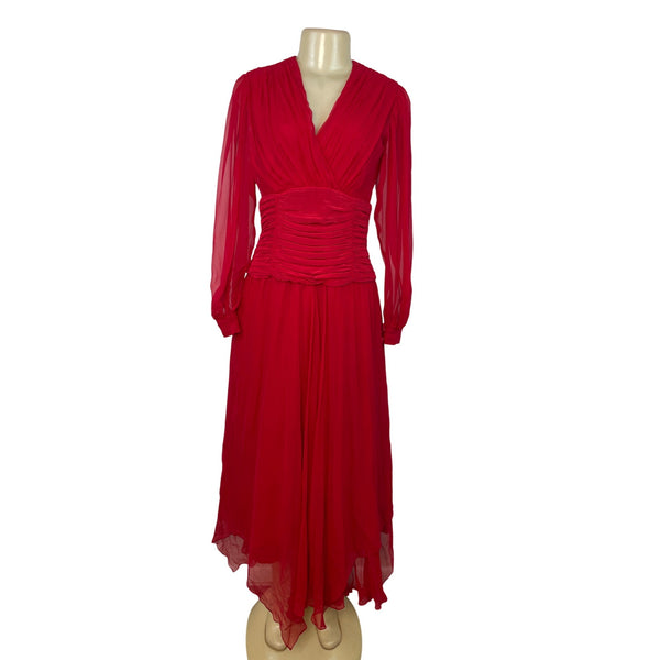 Vintage Red Long-Sleeve Chiffon Dress With Pleated Wrap Bodice Sz 10