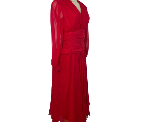 Vintage Red Long-Sleeve Chiffon Dress With Pleated Wrap Bodice Sz 10