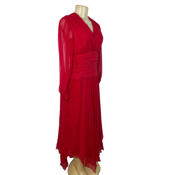Vintage Red Long-Sleeve Chiffon Dress With Pleated Wrap Bodice Sz 10