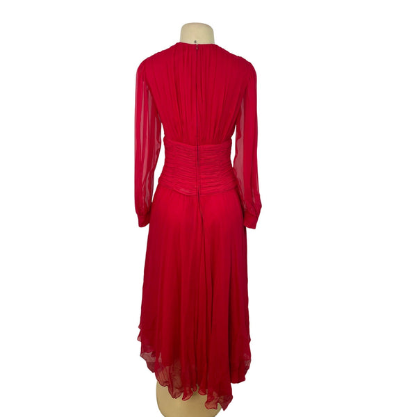 Vintage Red Long-Sleeve Chiffon Dress With Pleated Wrap Bodice Sz 10