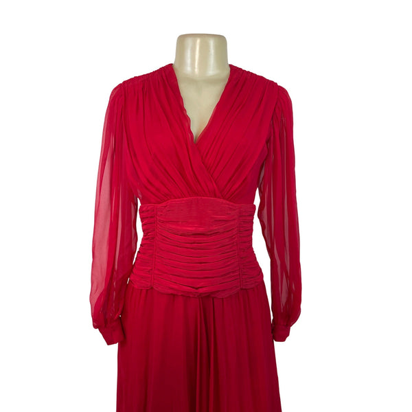 Vintage Red Long-Sleeve Chiffon Dress With Pleated Wrap Bodice Sz 10