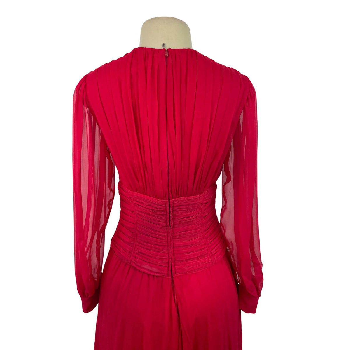 Vintage Red Long-Sleeve Chiffon Dress With Pleated Wrap Bodice Sz 10