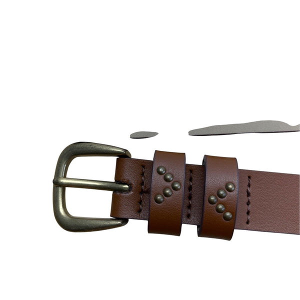 Brown Leather Belt W/ Brass Buckle & Rivet Detail Adjustable Holes Casual/Business Size XL Unisex