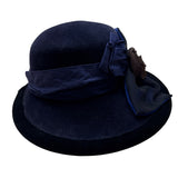 Langston Bourgin Black Velvet Cloche Hat With Navy Blue and Brown Floral Accent