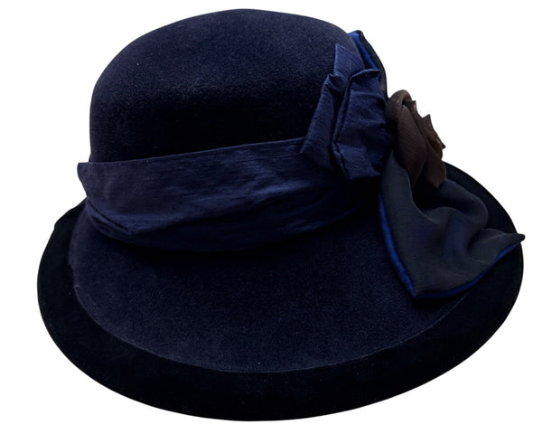Langston Bourgin Black Velvet Cloche Hat With Navy Blue and Brown Floral Accent