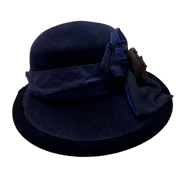 Langston Bourgin Black Velvet Cloche Hat With Navy Blue and Brown Floral Accent